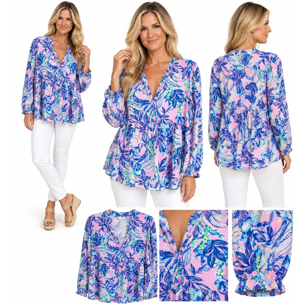 Lilly Pulitzer Top M Pink Floral Babydoll Tunic Long Sleeve Palm Beach Resort